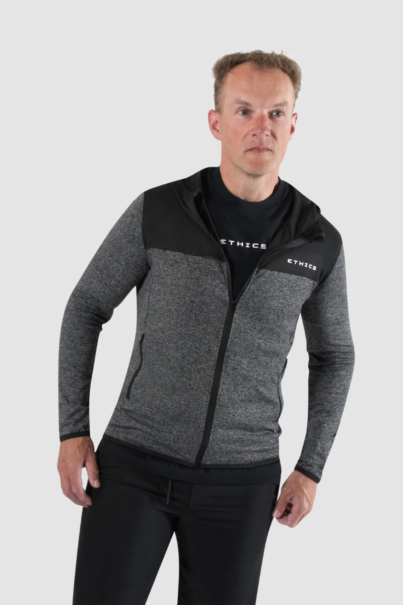 Heren sportvest met rits in zwart en grijs van EthicsGymWear